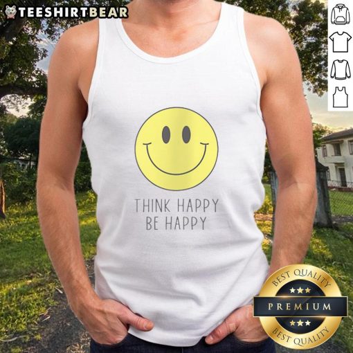 Alt Text: Nice Think Happy Be Happy Smiley Face Tank Top in vibrant colors, perfect for casual summer outfits and cheerful vibes.