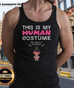 Superhero girl tank top with 'This is my human costume' print, perfect for playful casual wear and superhero fans.