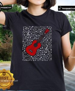 Woman playing ukulele surrounded by musical notes, promoting a nice ukulele tee for music teachers and musicians.