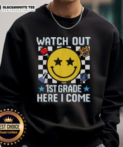 Smiley face sweatshirt for back to school, perfect for 1st graders excited to show off their new style.