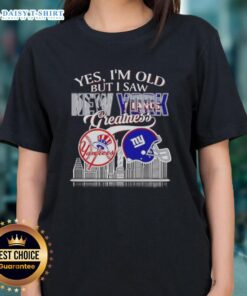 Vintage New York Yankees and Giants skyline ladies tee celebrating sports greatness and nostalgia for fans.