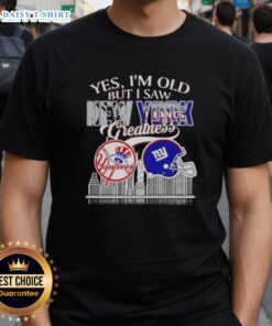Alt Text: Nostalgic T-shirt featuring New York Yankees and Giants greatness with skyline design, perfect for fans of both teams.