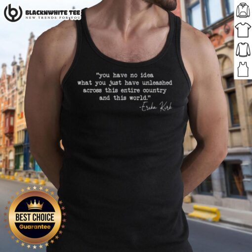 Erika Kirk wearing a tank top, showcasing a bold message about unleashing change across the country.