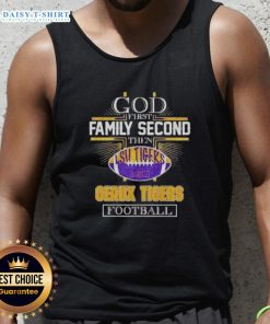 Official 2025 God First Family Second Then Geaux Tigers football tank top in vibrant colors, perfect for game day.