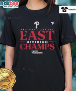 Alt Text: Official 2025 MLB Postseason Philadelphia Phillies NL East Division Champions ladies tee in vibrant team colors.