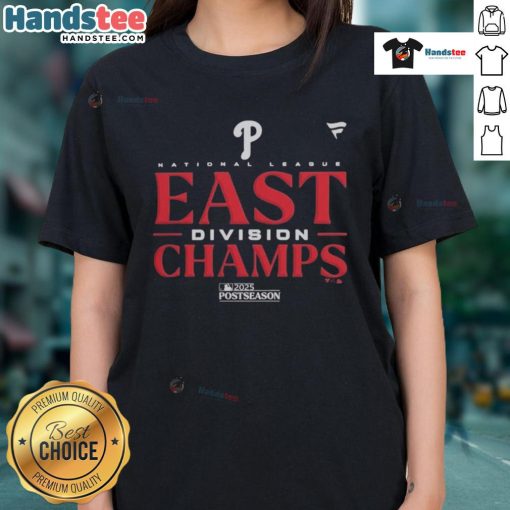 Alt Text: Official 2025 MLB Postseason Philadelphia Phillies NL East Division Champions ladies tee in vibrant team colors.
