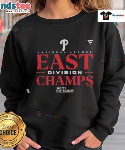 Official 2025 MLB Postseason Philadelphia Phillies NL East Division Champions sweatshirt in team colors.