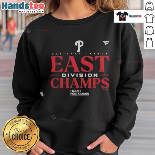 Official 2025 MLB Postseason Philadelphia Phillies NL East Division Champions sweatshirt in team colors.