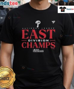 Alt Text: 2025 MLB Postseason Philadelphia Phillies NL East Division Champions T-Shirt featuring team logo and celebratory design.