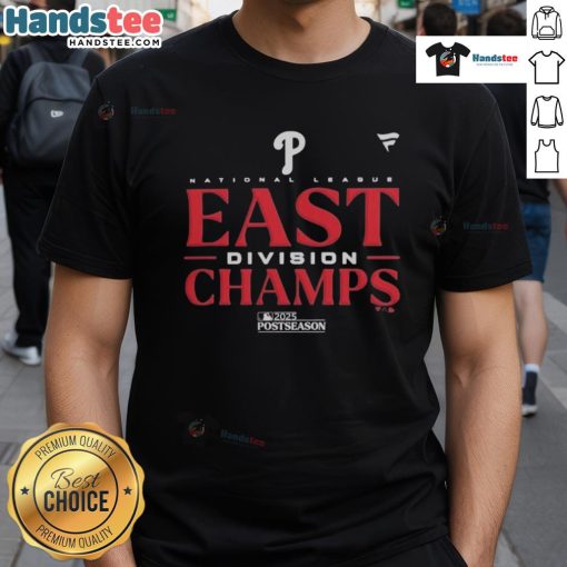 Alt Text: 2025 MLB Postseason Philadelphia Phillies NL East Division Champions T-Shirt featuring team logo and celebratory design.