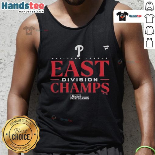 Official 2025 MLB Postseason Philadelphia Phillies NL East Division Champions tank top showcasing team pride and logo.