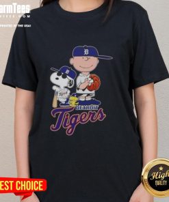 Official 2025 Peanuts Snoopy x Charlie Brown Detroit Tigers ladies tee featuring a playful graphic design.