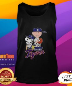 Official 2025 Peanuts Snoopy x Charlie Brown Detroit Tigers tank top featuring vibrant graphics of Snoopy and Charlie Brown.