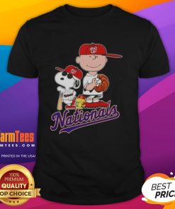 Official 2025 Peanuts Snoopy X Charlie Brown Washington Nationals baseball t-shirt featuring colorful graphics and a sporty design.