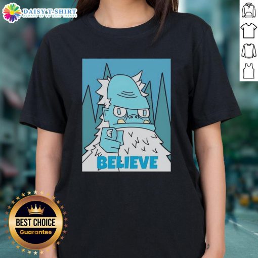 Official Abominable Snowman Believe Ladies Tee featuring a fun graphic design for winter enthusiasts.