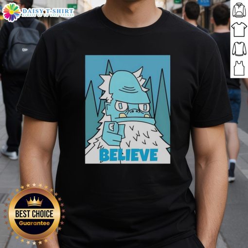 Official Abominable Snowman Believe T-Shirt featuring a playful snowman design, perfect for winter enthusiasts and fans.
