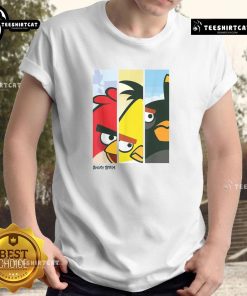 Official Angry Birds Retro T-Shirt featuring Red, Yellow, and Black characters in a vibrant face panel design.