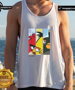 Alt Text: Retro Angry Birds tank top featuring red, yellow, and black character faces in a stylish panel design.