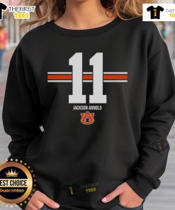 Alt Text: Official Auburn Tigers Football Jackson Arnold Stripe Sweatshirt in navy and orange, perfect for game day.