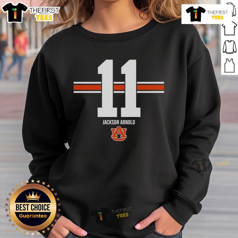Official Auburn Tigers Football Jackson Arnold #11 Stripe Sweatshirt Alt Text: Official Auburn Tigers Football Jackson Arnold Stripe Sweatshirt in navy and orange, perfect for game day.