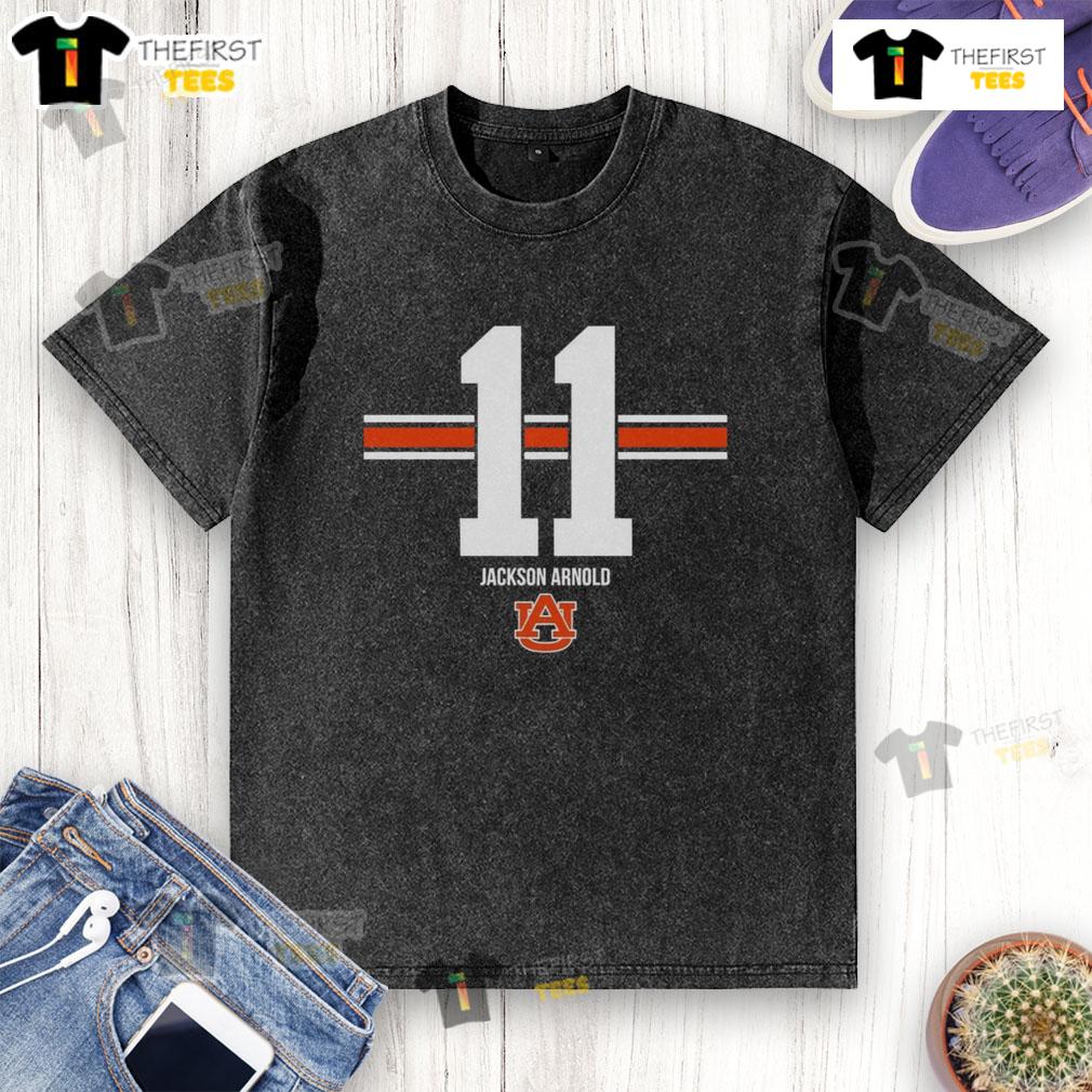 Official Auburn Tigers Football Jackson Arnold #11 Stripe Washed T Shirt Official Auburn Tigers Football Jackson Arnold Stripe Washed T-Shirt featuring team colors and logo.