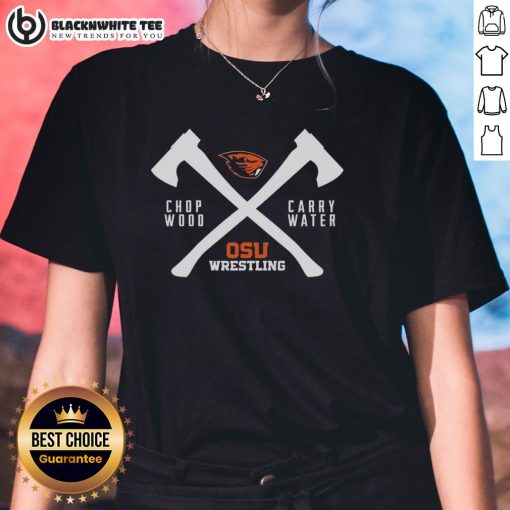 Official Beaver Head and OSU Wrestling logos on a women's tee, perfect for fans of Oregon State University sports.