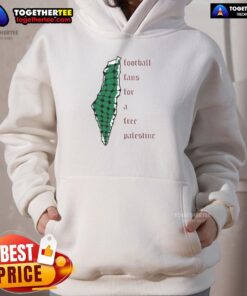 Becky Taylor Gill wearing a 'Free Palestine' hoodie, surrounded by passionate football fans supporting the cause.