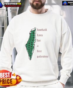 Becky Taylor wearing a 'Football Fans For A Free Palestine' sweatshirt, supporting the cause with passion and style.