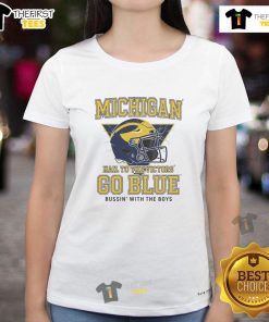 Official Bussin Michigan Hall 'To The Victors' Go Blue Ladies Tee featuring a stylish design for fans.