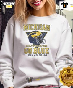 Alt Text: Official Bussin Michigan Hall sweatshirt featuring To The Victors and Go Blue in vibrant colors.