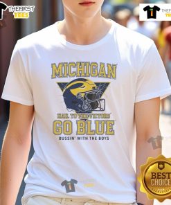 Official Bussin' Michigan Hall To The Victors Go Blue T-Shirt featuring bold team graphics and a comfortable fit.