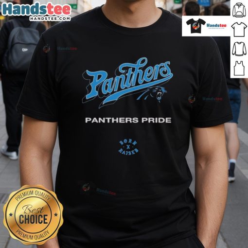 Official Carolina Panthers Born X Raised T-Shirt showcasing Panthers pride with bold team logo and vibrant colors.