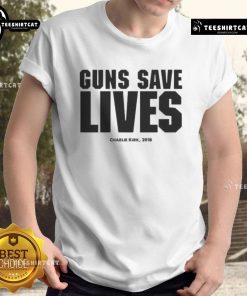 Official Charlie Kirk Guns Save Lives T-Shirt from 2018 featuring bold graphics promoting gun rights and freedom.