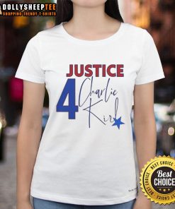 Official Charlie Kirk Justice Forever Memorial Ladies Tee featuring a stylish design and soft fabric for comfort.