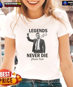 Official Charlie Kirk Legends Never Die Signature Tribute Ladies Tee showcasing a stylish design for dedicated fans.