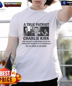 Official Charlie Kirk Memorial T-Shirt featuring 'A True Patriot' design, celebrating the greatest of our nation.