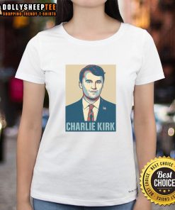 Official Charlie Kirk poster on a stylish ladies tee, featuring vibrant graphics and a modern design for fans.