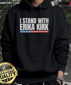 Official Charlie Kirk Tribute hoodie featuring 'I Stand with Erika Kirk' design for supporters and fans.