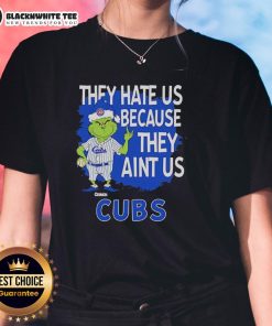 Chicago Cubs Grinch Christmas ladies tee featuring 'They Hate Us Ain't Us' design, perfect for holiday baseball fans.