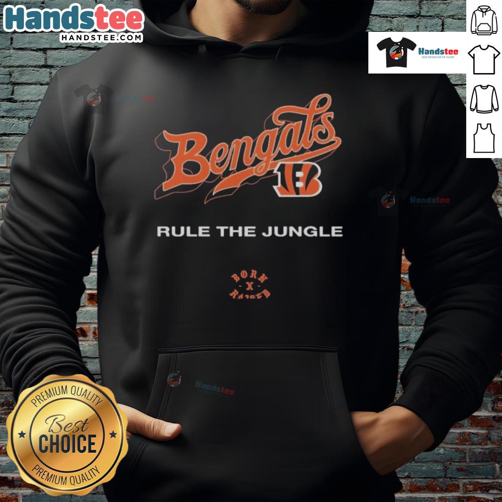 Official Cincinnati Bengals Born X Raised Rule The Jungle Hoodie Official Cincinnati Bengals Born x Raised Rule The Jungle Hoodie in black, showcasing team pride and stylish design.