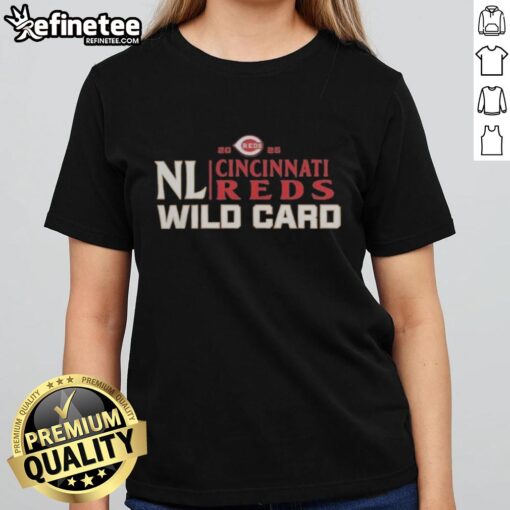 Official Cincinnati Reds 2025 National League Wild Card baseball ladies tee showcasing team logo and vibrant design.
