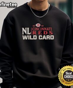 Official Cincinnati Reds 2025 National League Wild Card baseball sweatshirt in red with team logo and sporty design.