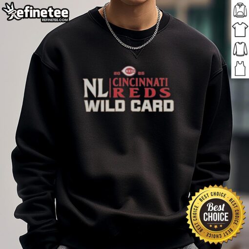 Official Cincinnati Reds 2025 National League Wild Card baseball sweatshirt in red with team logo and sporty design.