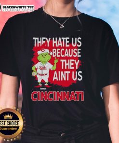 Official Cincinnati Reds Grinch Christmas tee for ladies featuring 'They Hate Us Ain't Us' design.