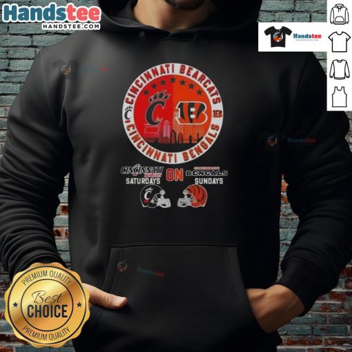 Alt Text: Cincinnati Sports Bearcats hoodie featuring football helmets and Skyline design for Bengals Sundays and Bearcats Saturdays.