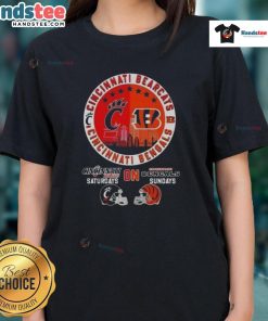 Official Cincinnati Sports Bearcats tee featuring football helmets and skyline design for Bengals Sundays.