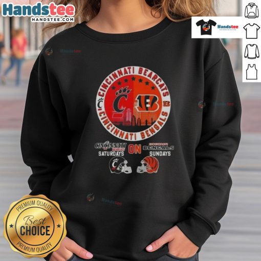 Alt Text: Cincinnati Bearcats sweatshirt featuring football helmets, perfect for game days on Bengals Sundays.