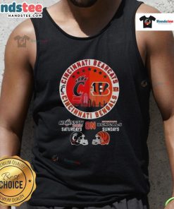 Alt Text: Cincinnati Sports Bearcats tank top featuring football helmets and skyline design for Bengals Sundays.
