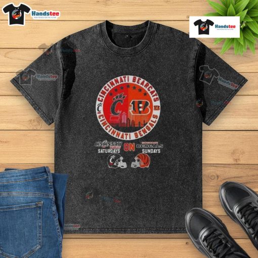 Official Cincinnati Sports Bearcats t-shirt featuring football helmets for Bengals Sundays and Skyline design.