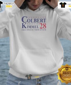 Official Colbert Kimmel 2028 Free Speech Under Attack Hoodie, featuring bold graphics promoting free speech awareness.
